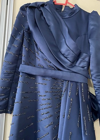 Navy İşlemeli Drapeli Uzun Abiye Elbise - Görsel 5