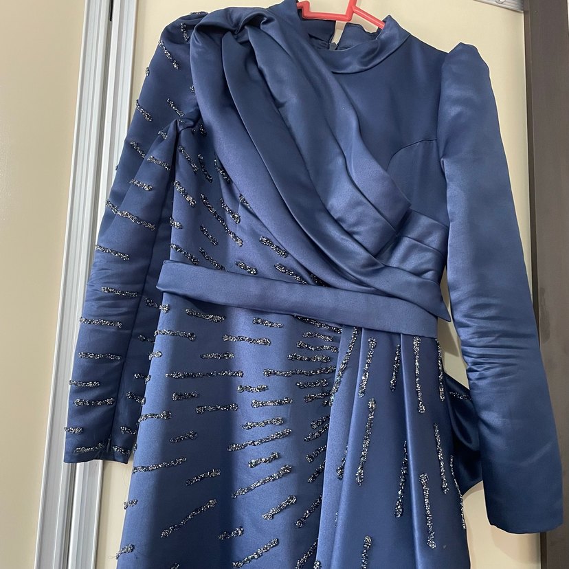 Navy İşlemeli Drapeli Uzun Abiye Elbise - Görsel 5