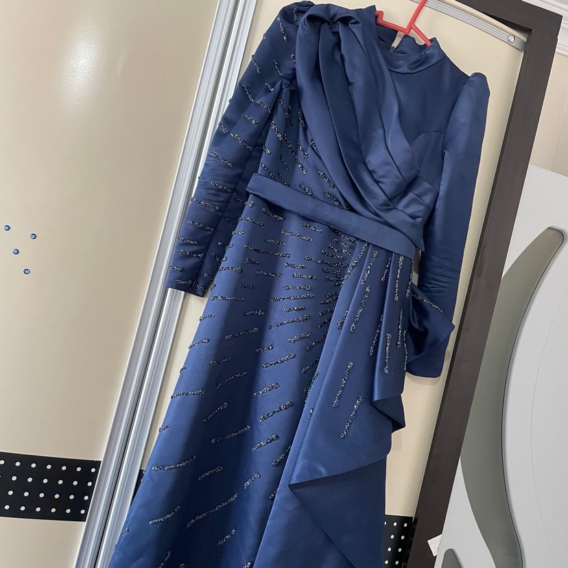 Navy İşlemeli Drapeli Uzun Abiye Elbise - Görsel 2