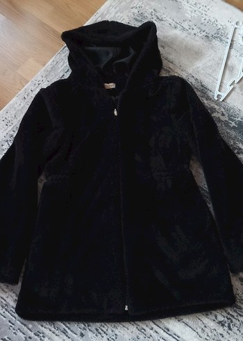 Siyah Kapüşonlu Midi Boy Peluş Kiz Çocuk Ceket - Görsel 2