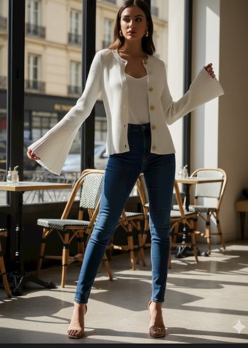 DILVIN Beyaz Triko Hırka,İspanyol Kol Gold Madalyon Düğmeli-M/L - Görsel 2