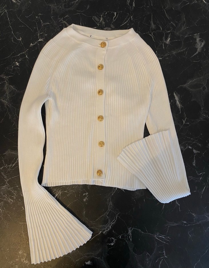 DILVIN Beyaz Triko Hırka,İspanyol Kol Gold Madalyon Düğmeli-M/L - Görsel 3