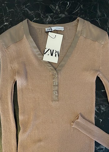 ZARA-Saten Detaylı,Fitilli V yaka Triko Bluz-Bej,M/S - Görsel 4