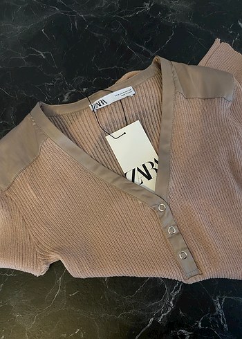 ZARA-Saten Detaylı,Fitilli V yaka Triko Bluz-Bej,M/S - Görsel 3