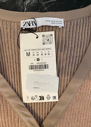 ZARA-Saten Detaylı,Fitilli V yaka Triko Bluz-Bej,M/S - Görsel 5