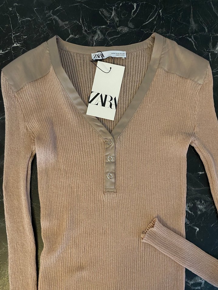 ZARA-Saten Detaylı,Fitilli V yaka Triko Bluz-Bej,M/S - Görsel 4