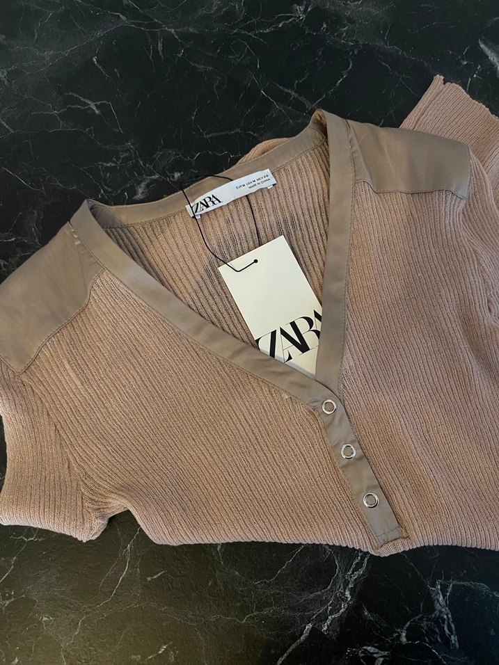 ZARA-Saten Detaylı,Fitilli V yaka Triko Bluz-Bej,M/S - Görsel 3