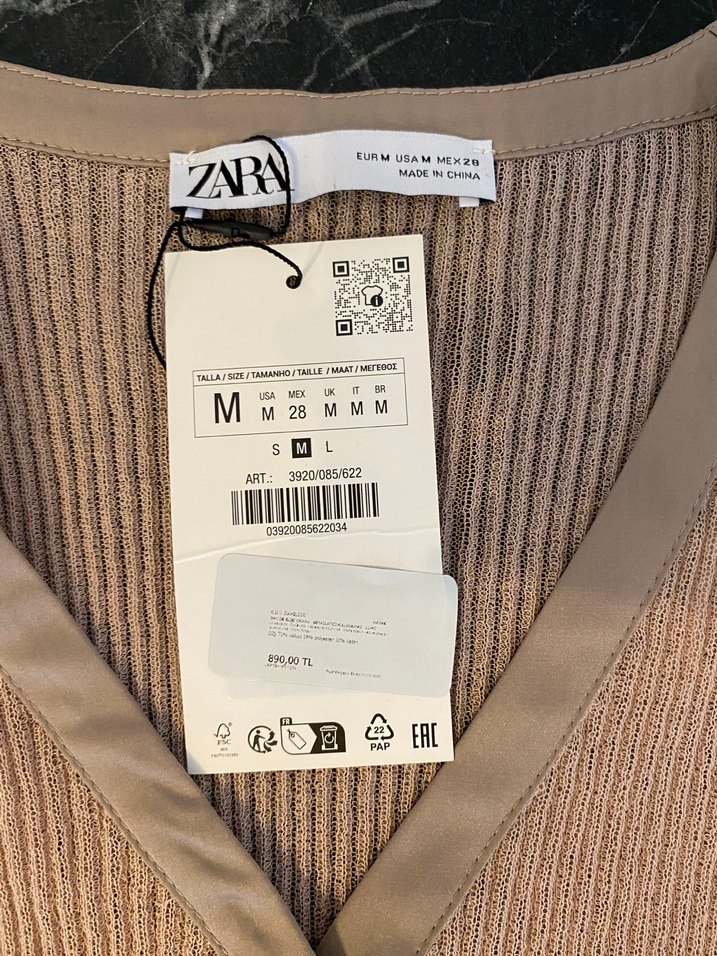 ZARA-Saten Detaylı,Fitilli V yaka Triko Bluz-Bej,M/S - Görsel 5