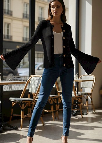 DILVIN Triko Hırka,İspanyol Kol Gold Madalyon Düğmeli-M/L - Görsel 2