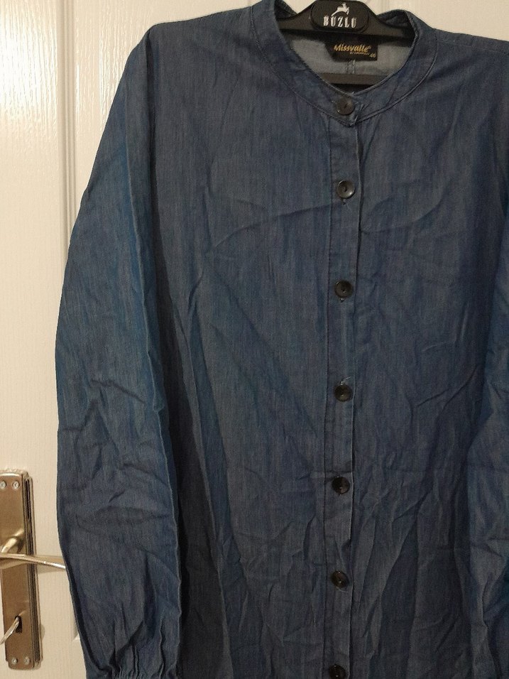 Düğmeli Lacivert Uzun Denim Elbise - Görsel 2