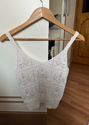 Nakışlı ekru bej renk V Yakalı Örgü Bayan Atlet - Görsel 2