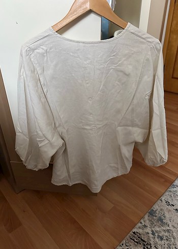 Bej Keten V Yakalı Düğmeli Kadın Gömlek - Görsel 2