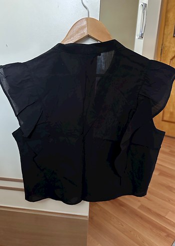 Siyah %100 pamuk V Yakalı Fırfırlı Kadın Bluz - Görsel 2