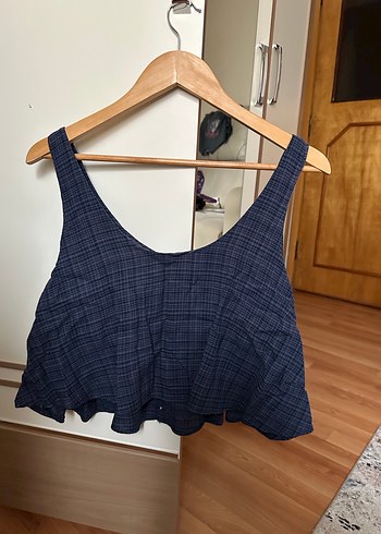 Düğmeli Lacivert Keten Salaş Askılı Bluz - Görsel 2