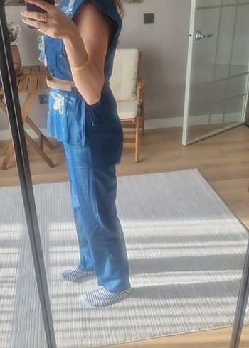 Düğmeli Mavi Kadın Denim Takım - Görsel 5