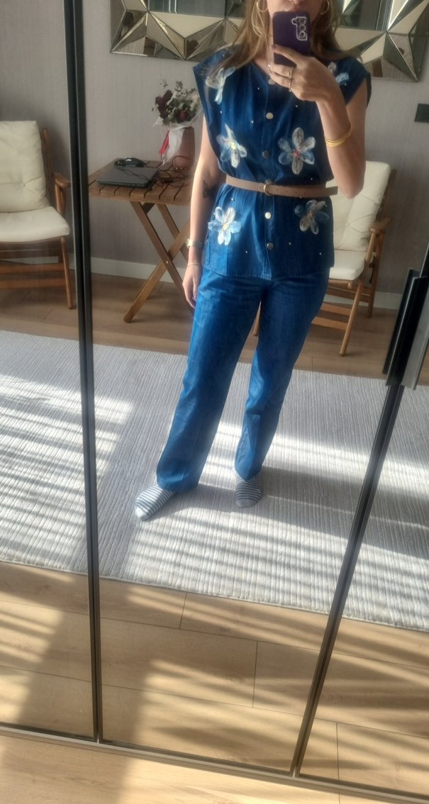 Düğmeli Mavi Kadın Denim Takım - Görsel 4