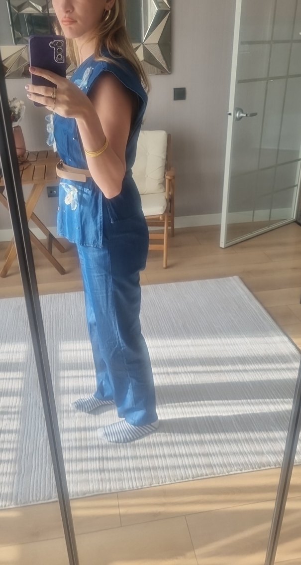 Düğmeli Mavi Kadın Denim Takım - Görsel 5