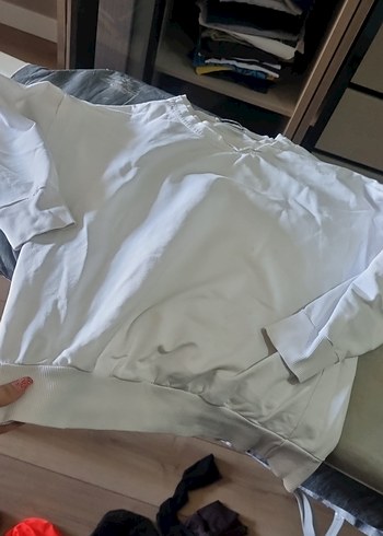 Beyaz Keten Hamile Tişörtü, Kısa Kollu, Salaş - Görsel 2