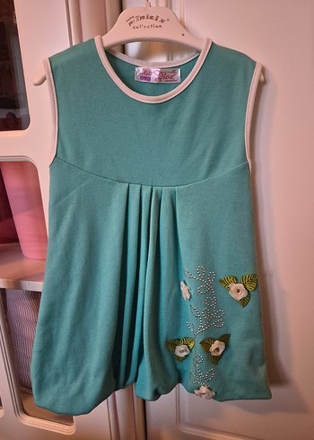 Turkuaz Nakışlı Kolsuz Kız Elbisesi - Görsel 2