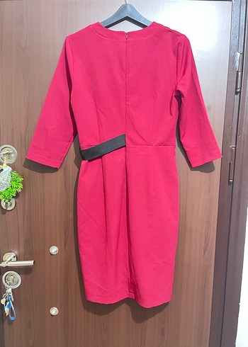 Bordo V Yaka Kemerli Mini Kalem Elbise - Görsel 3