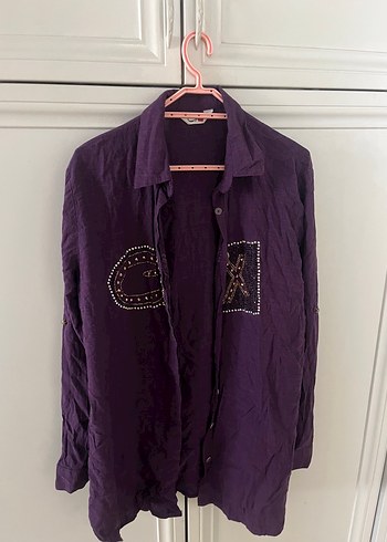 Mor Nakışlı Uzun Kollu Taşlı Gömlek - Görsel 2