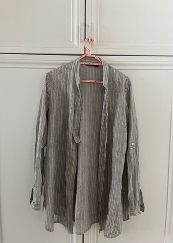 Gri Çizgili Uzun Kollu Kadın Gömlek - Görsel 2