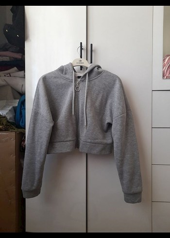 xs Beden gri Renk Gri Kapüşonlu Fermuarlı Kadın Sweatshirt