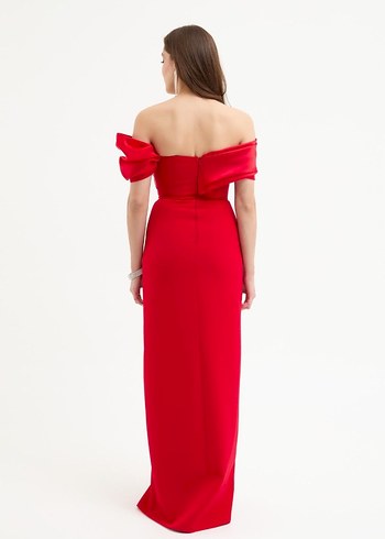 Kadın Kırmızı Drapeli Uzun Abiye Elbise - Görsel 2