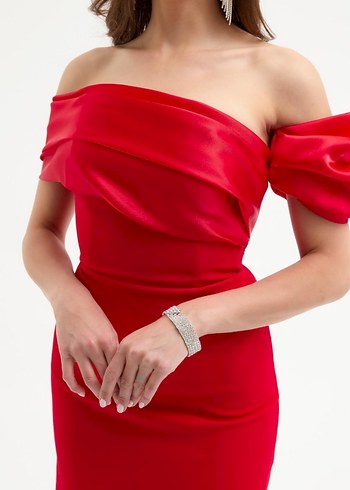 Kadın Kırmızı Drapeli Uzun Abiye Elbise - Görsel 4