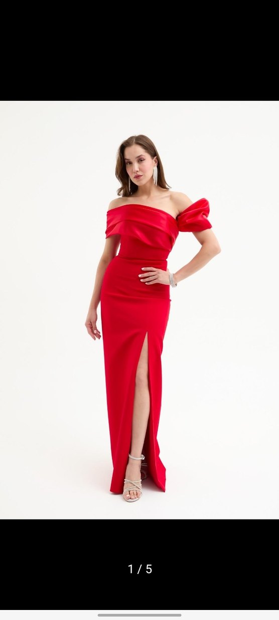 Kadın Kırmızı Drapeli Uzun Abiye Elbise - Görsel 3