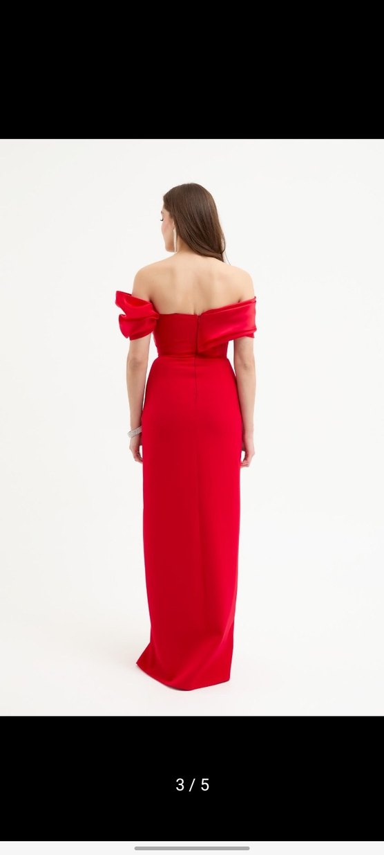 Kadın Kırmızı Drapeli Uzun Abiye Elbise - Görsel 2