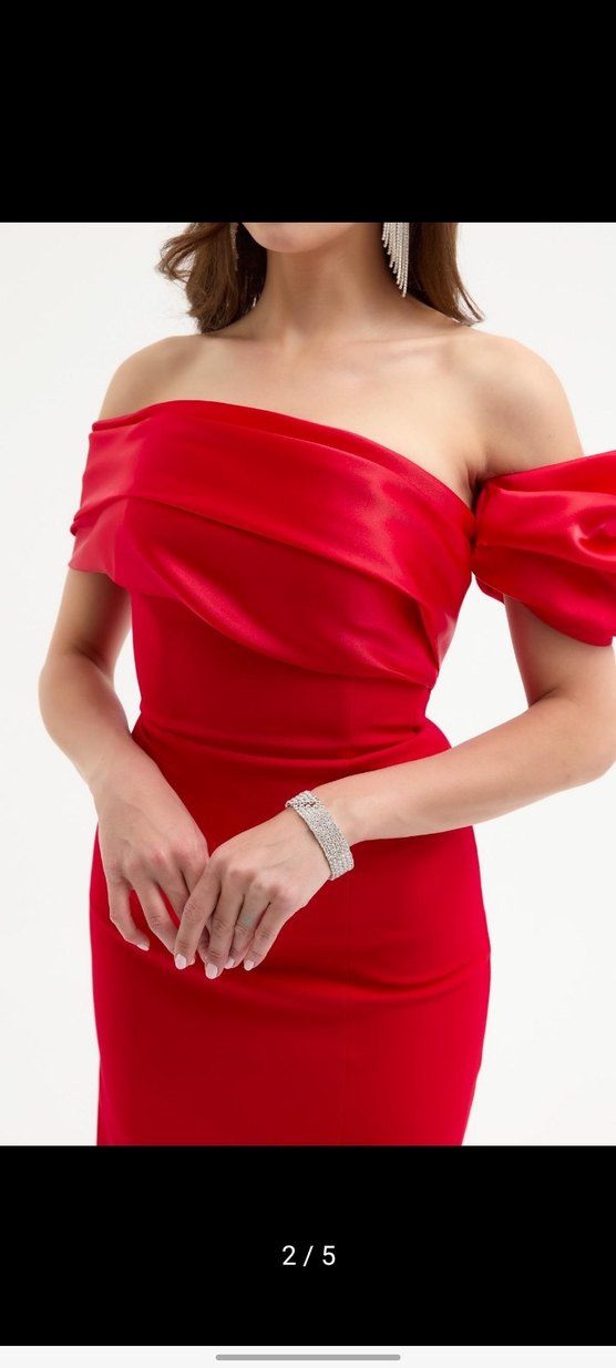 Kadın Kırmızı Drapeli Uzun Abiye Elbise - Görsel 4