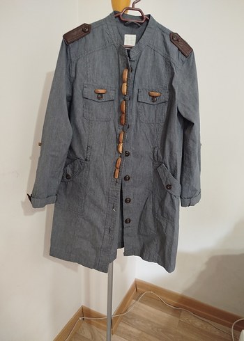 Düğmeli Uzun Gri Denim Kadın Kaban