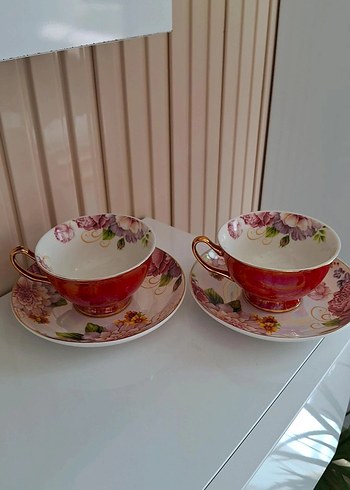  Beden Vintage Çiçek Desenli Pembe Çay Fincanı Seti