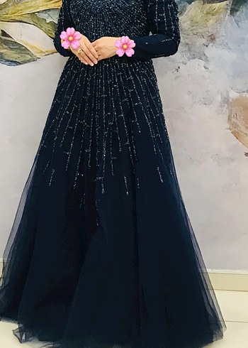 Boncuk İşlemeli Uzun Lacivert Kadın Abiye - Görsel 2