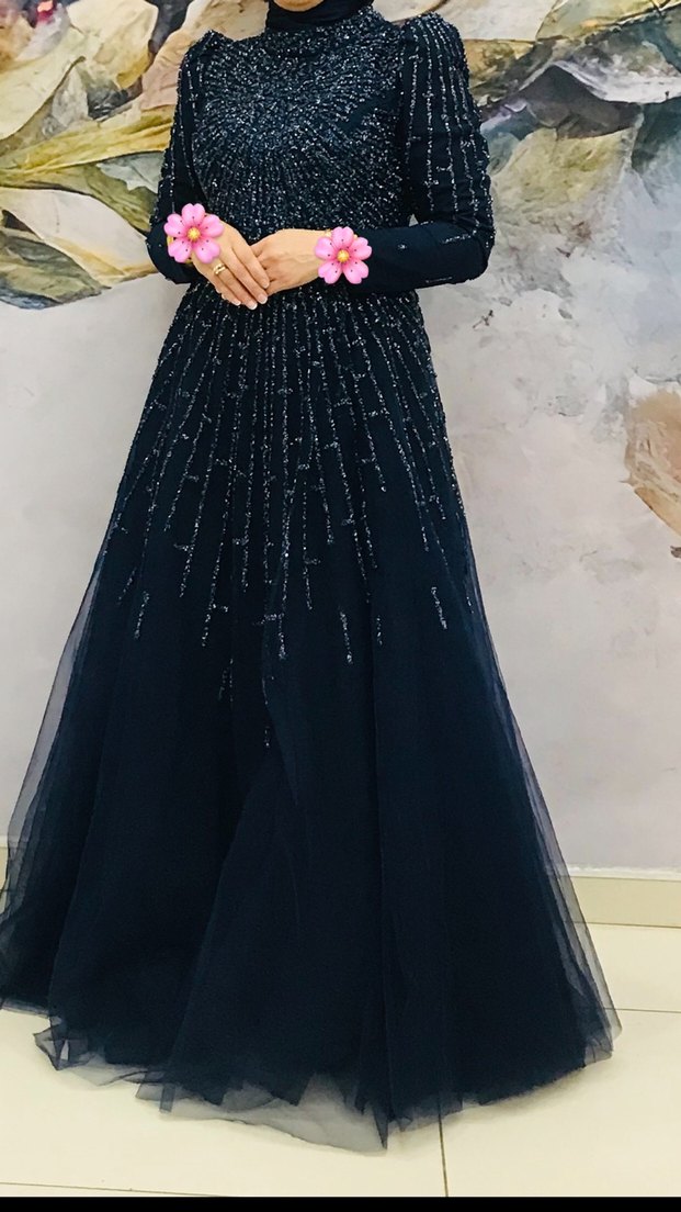 Boncuk İşlemeli Uzun Lacivert Kadın Abiye - Görsel 2