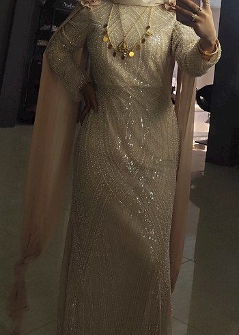 Boncuk İşlemeli Uzun Kollu Bohem Altın Renkli Elbise - Görsel 4