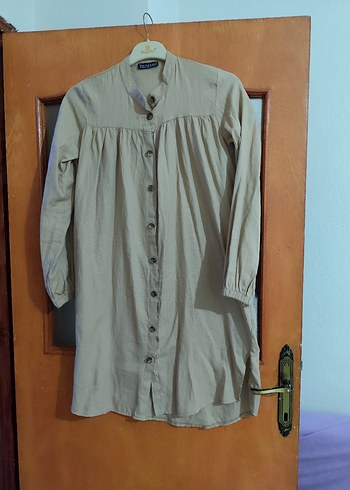 Bej Düğmeli Uzun Kollu Keten Tunik - Görsel 3