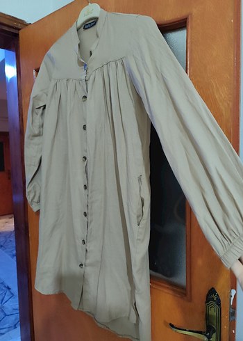 Bej Düğmeli Uzun Kollu Keten Tunik - Görsel 2