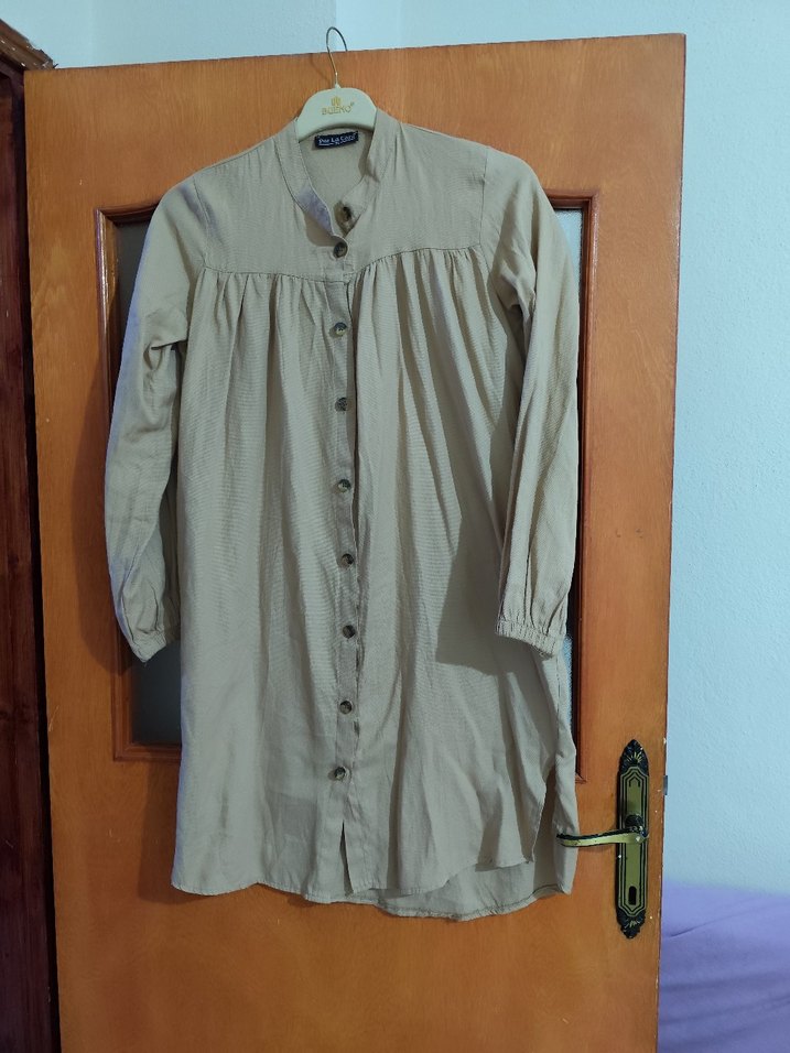 Bej Düğmeli Uzun Kollu Keten Tunik - Görsel 3