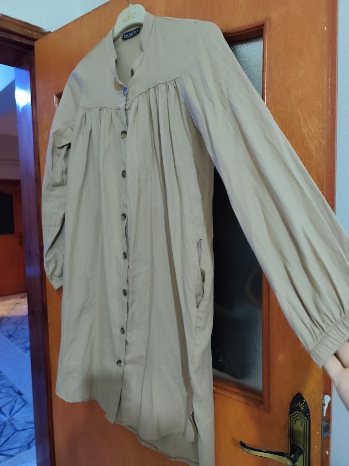 Bej Düğmeli Uzun Kollu Keten Tunik - Görsel 2