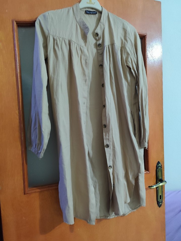 Bej Düğmeli Uzun Kollu Keten Tunik - Görsel 4