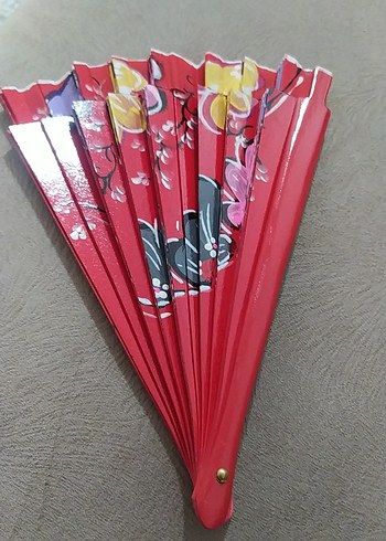 Renkli Çiçek Desenli Kırmızı Yelpaze - Görsel 6