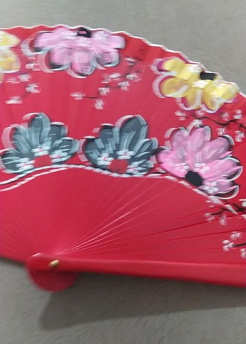 Renkli Çiçek Desenli Kırmızı Yelpaze - Görsel 3