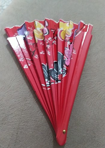 Renkli Çiçek Desenli Kırmızı Yelpaze - Görsel 5