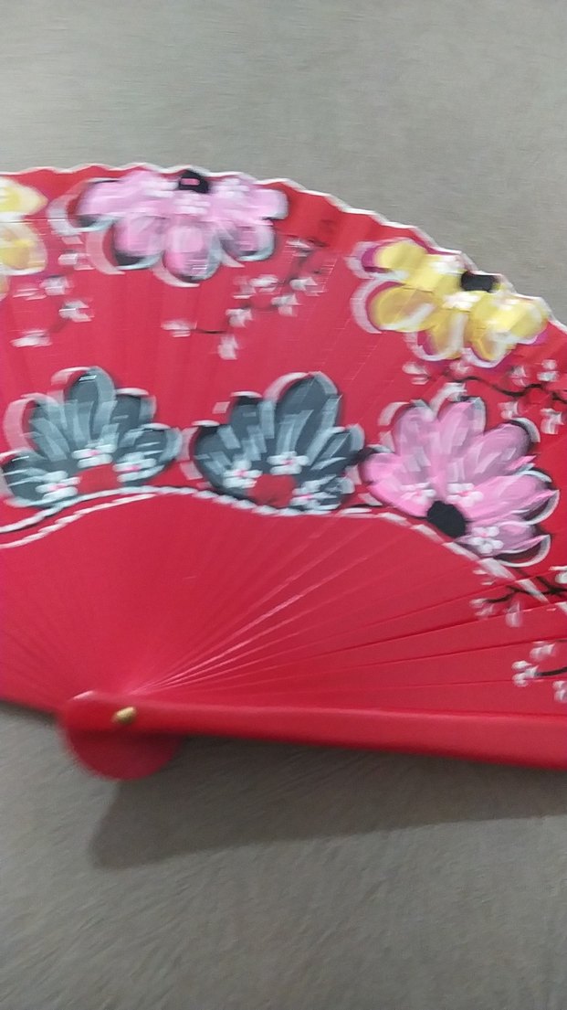 Renkli Çiçek Desenli Kırmızı Yelpaze - Görsel 3