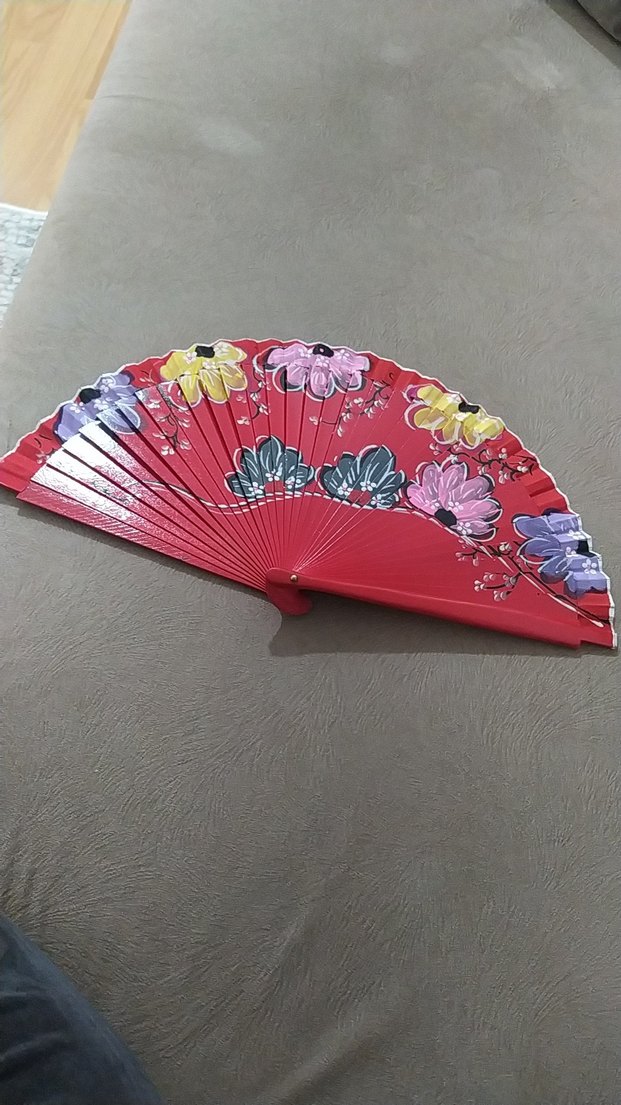 Renkli Çiçek Desenli Kırmızı Yelpaze - Görsel 2