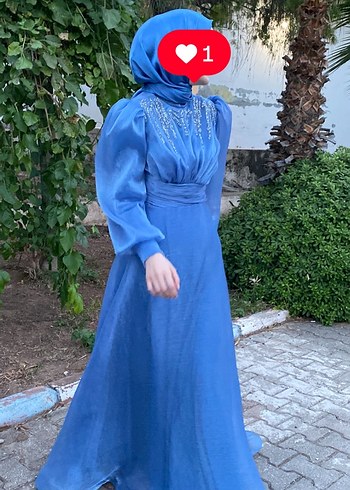 Abiye Mavi Drapeli Bohem Uzun Abiye Elbise