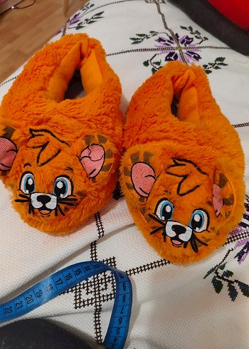 Turuncu Leopar Desenli Kız Çocuk Peluş Terlik unisex panduf - Görsel 2