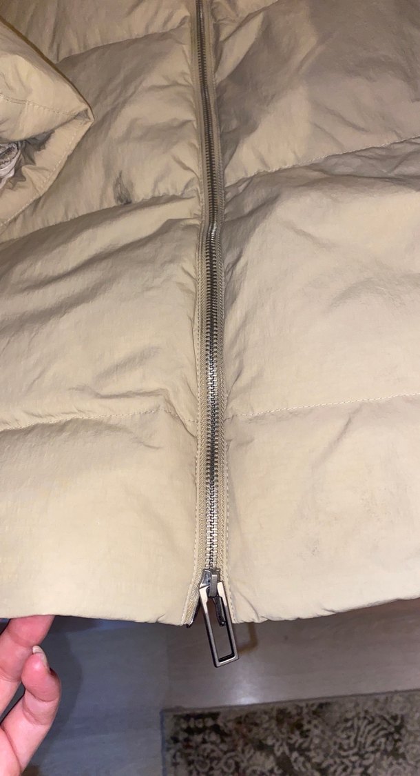 Bej Uzun Kadın Kışlık Mont, Fermuarlı, Yüksek Yakalı - Görsel 4